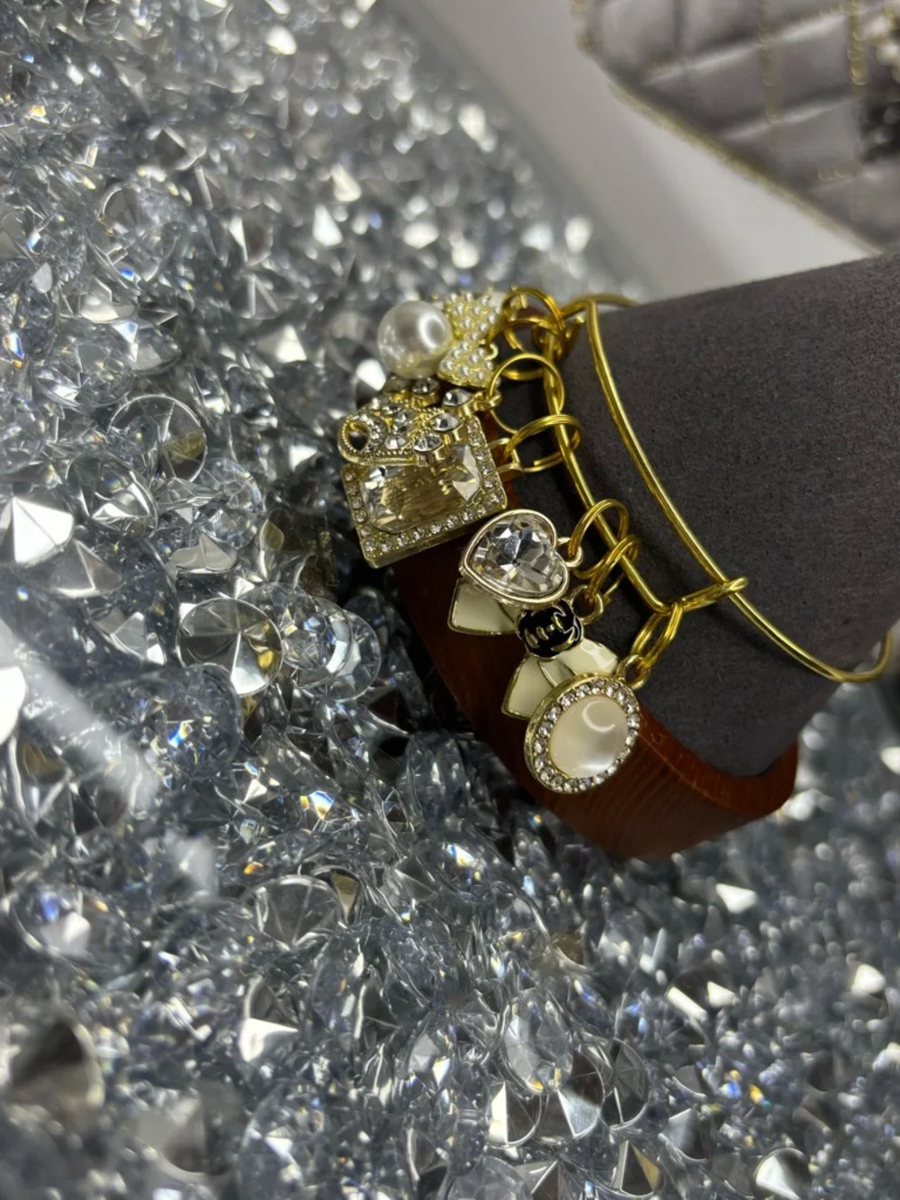 Gold Tone Charm Bangle Bracelet with Crystal & Pearl Accents - Picture 5 of 7